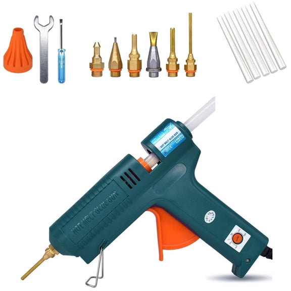 150 Watt High Power Hot Glue Gun with 6 Copper Nozzles, Adjustable Temperature Professional Melting Tool for Arts & Crafts, 5pc High Viscosity Sticks Included, Full Size Glue Gun for Rapid Heating