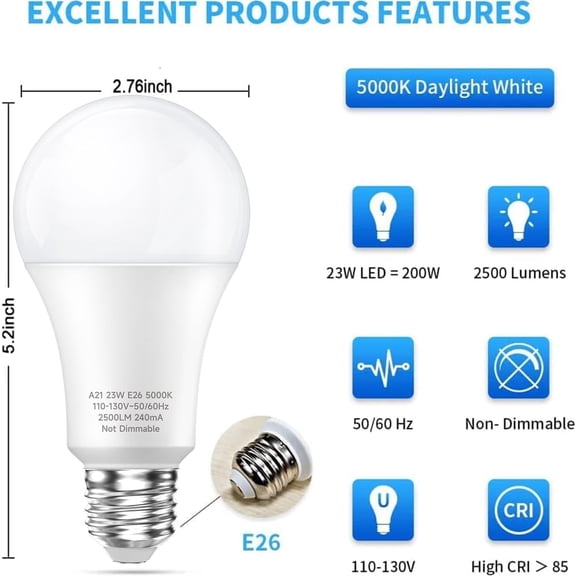 150 Watt LED Light Bulbs, Daylight White 5000K, 2500 Lumens Super Bright LED Bulbs, E26 Base, A21 LED Bulbs 23W Energy Saving, Non-Dimmable Bulbs for Living Room, 4 Pack