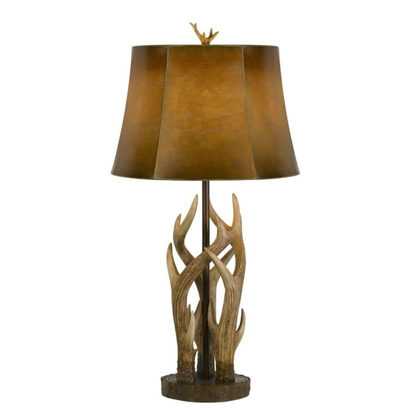 150 Watt Leatherette Shade Table Lamp with Antler Polyresin Base, Brown- Saltoro Sherpi