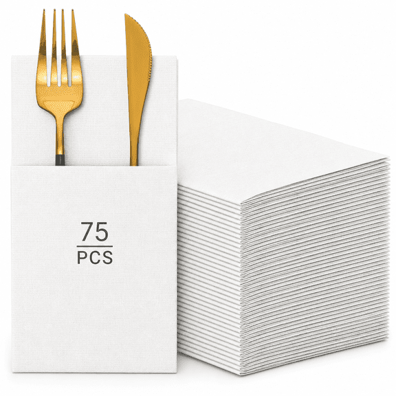 150 White Linen-Feel Disposable Paper Guest Hand Towels with Flatware Pocket