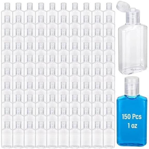 150 count 1 oz Plastic Empty Travel Bottles with Flip Cap 30ml Mini Clear Hand Sanitizer Bottle Refillable Containers for Shampoo Lotion Liquid  Soap Cream Toiletries(Clear Lid)