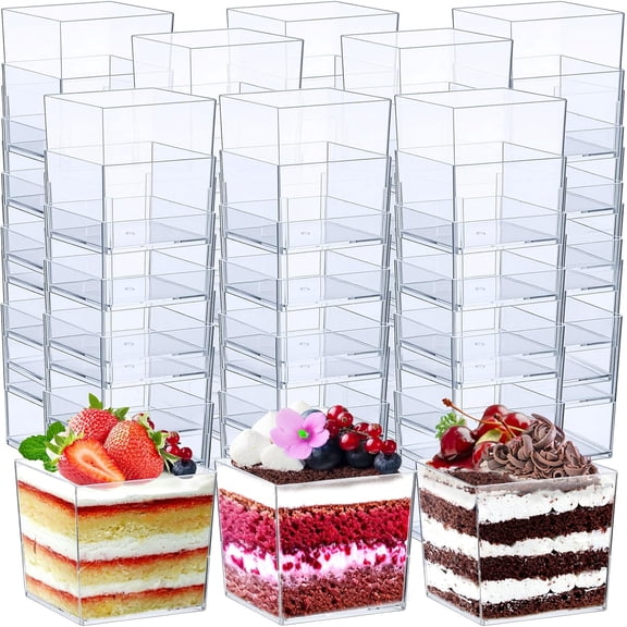 150 count 3 OZ Square Plastic Cups Clear Dessert Cups Plastic Appetizer Tumbler for Parfait Puddings Mousse Fruit Ice Cream Party Wedding Valentine