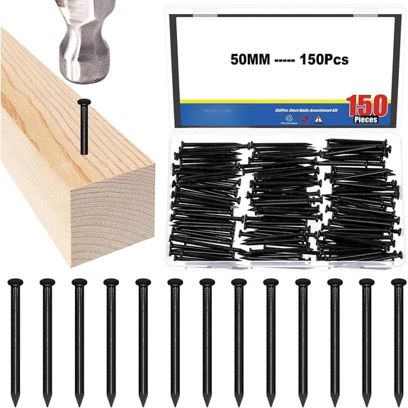 150 count 50mm Brick Steel Nails Kit, Black Carbon Steel Hardware Nails, Finishing Nails, Brad and Picture Nails, Nails, Cement Nails for Drywall and Pine