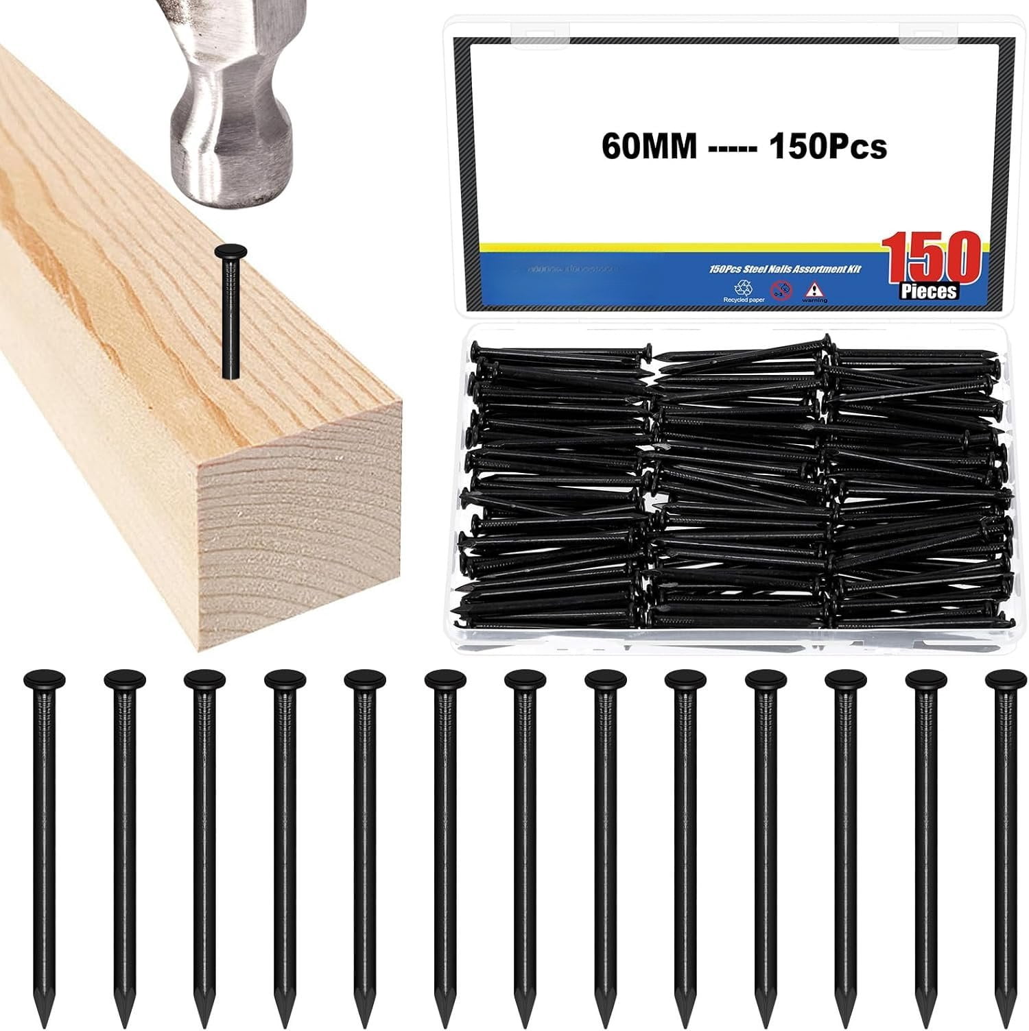 150 count 60mm Brick Steel Nails Kit, Black Carbon Steel Hardware Nails ...