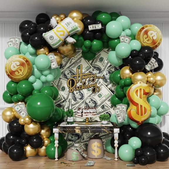 150 count Dollar Balloon Arch Kit, Green Metallic Black Balloons with Dollar Foil Balloons for Birthday Theme Anniversary Night Party Decorations