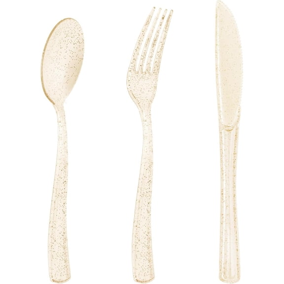 150 count Glitter Plastic Silverware, Disposable Utensils | Plastic Cutlery Set of 50 Forks, 50 Spoons, 50 for Wedding, Party, and Christmas.