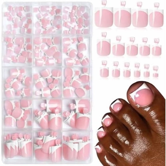 150 count White Tips Press Toenails Women Nails Kit, Press ons Short Square Toenails Tips Stick Nails Tip with Adhesive Tabs