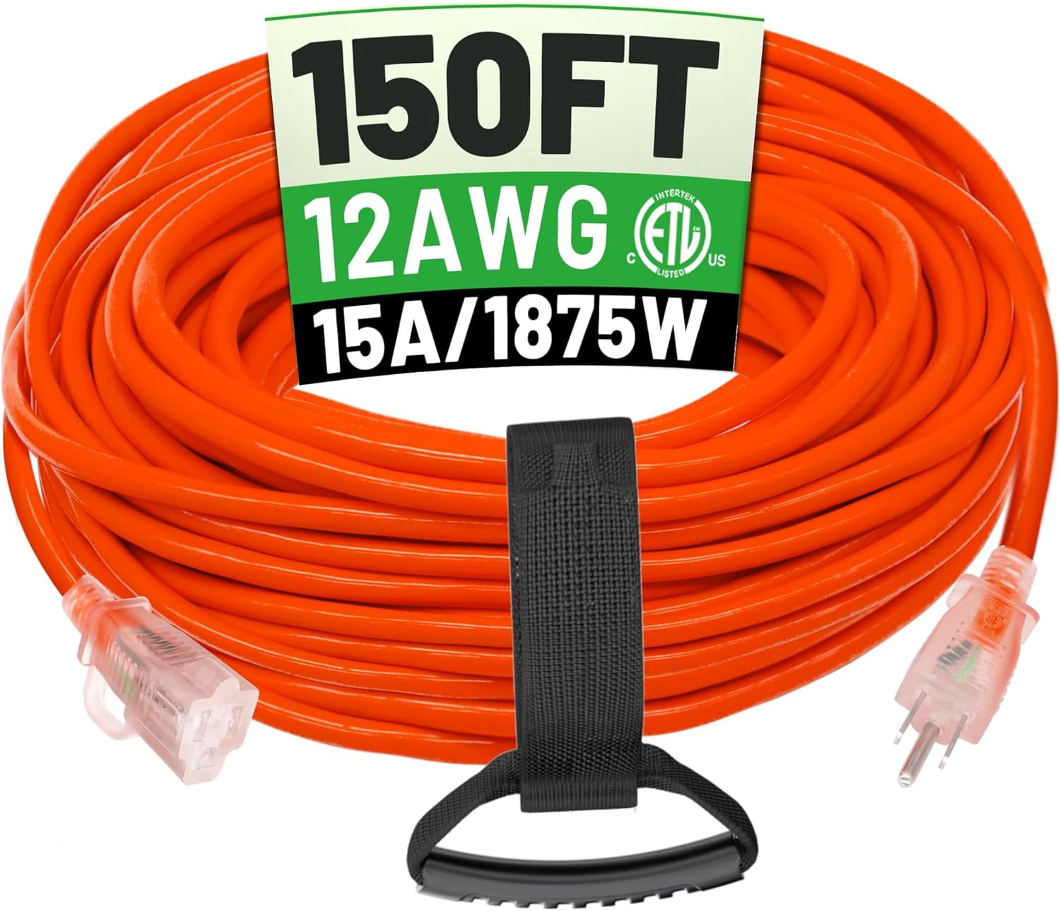 150 ft 12/3 Outdoor Extension Cord Waterproof Heavy Duty with Lighted Indicator End 12 Gauge 3 Prong, Flexible Cold-Resistant Long Power Cord Outside, 15Amp 1875W SJTW Orange ETL Listed