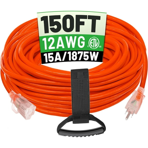 150 ft 12/3 Outdoor Extension Cord Waterproof Heavy Duty with Lighted Indicator End 12 Gauge 3 Prong, Flexible Cold-Resistant Long Power Cord Outside, 15Amp 1875W SJTW Orange ETL Listed