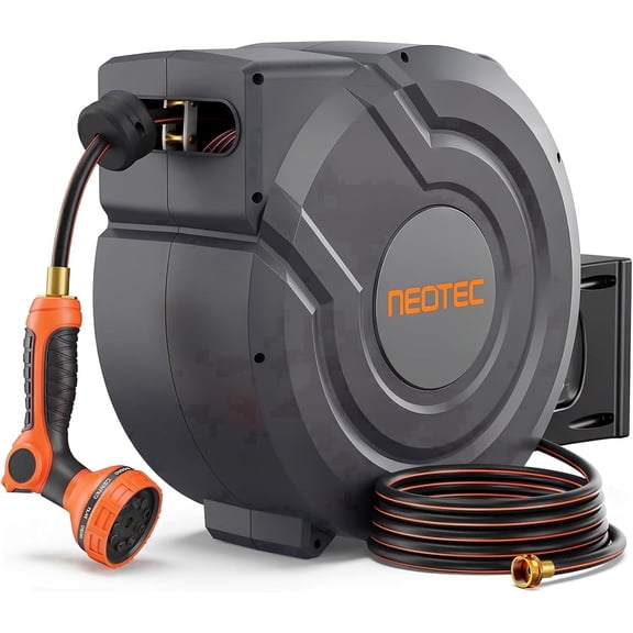 NEOTEC 150 ft x 1/2 inch Retractable Garden Hose Reel,Wall Hose Reel with Automatic Slow Return System,9 Pattern Spray Nozzle,180°Swivel Bracket,for Yard Watering Gardens Cleaning Patios