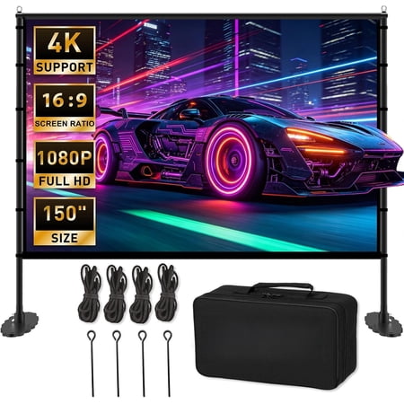 150 inch Projector Screen with Stand, 16:9 4K Portable Outdoor Movie Screen, Wrinkle-Free Foldable Indoor Projection Screen with Carry Bag & Ground Nails for Backyard Cinema Theater