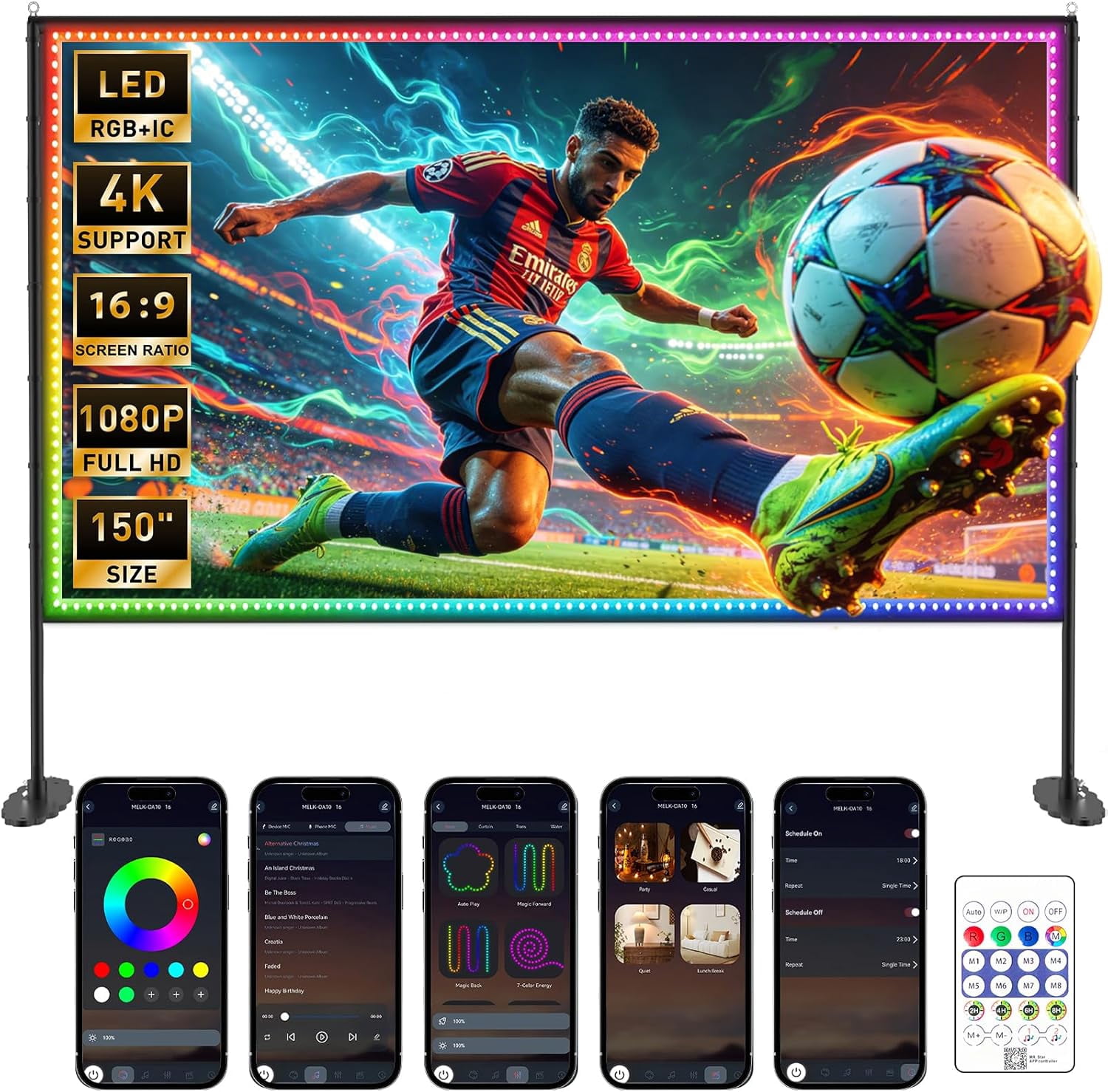 150 inch String Lights Projector Screen with Stand, USB Connection 16:9 ...