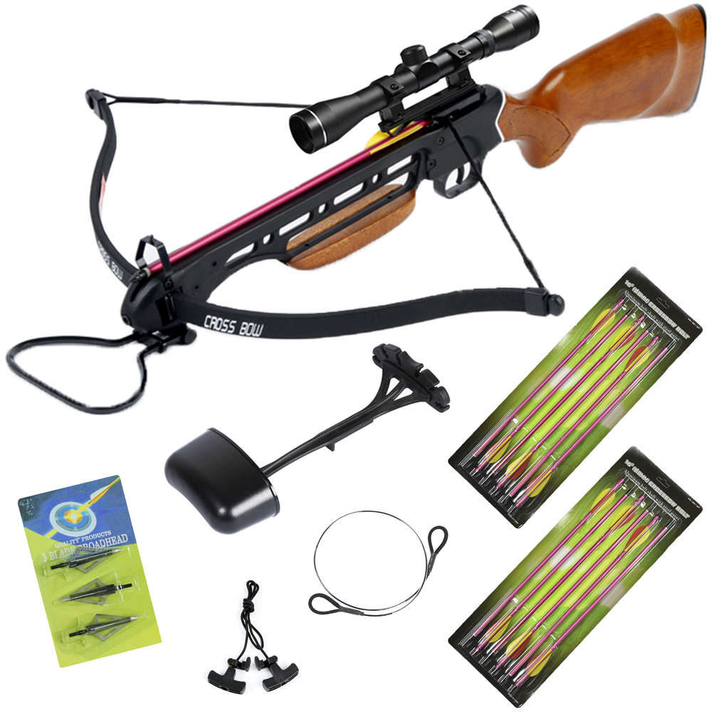 150 lb Black / Wood / Camouflage Hunting Crossbow Archery Bow + 4x20