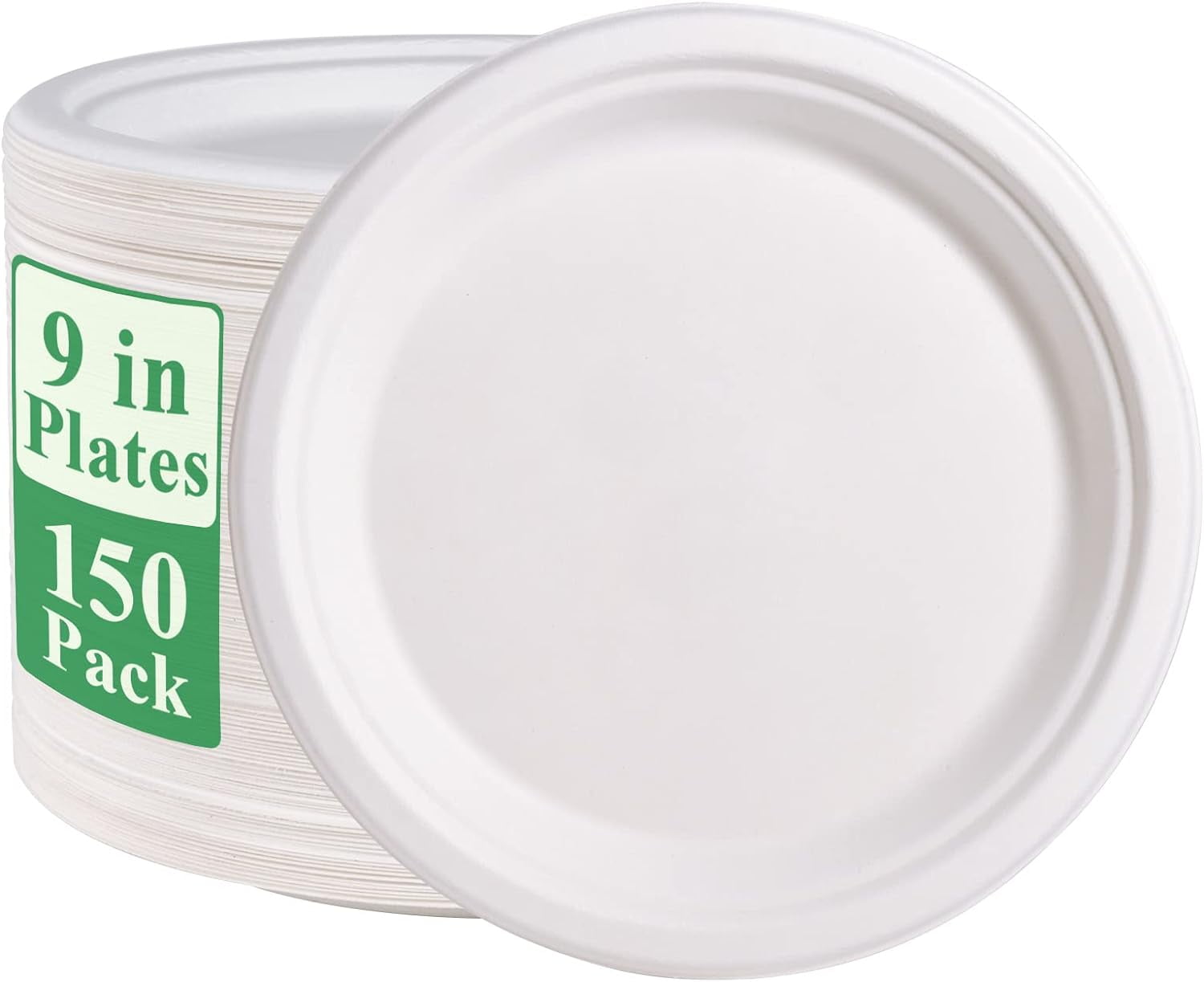 150 pack paper plates, 9-inch, 100% compostable, heavy duty disposable plates, natural sugarcane fiber biodegradable, eco-friendly, biodegradable from sugarcane (white)