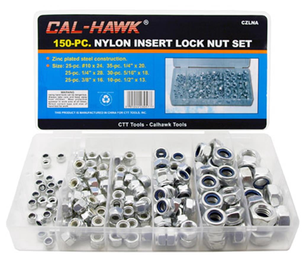 AJ/CAL/ATE 150pc Nylon Insert Lock Nut Assortment - SAE 6 Sizes - Steel Zinc Plated
