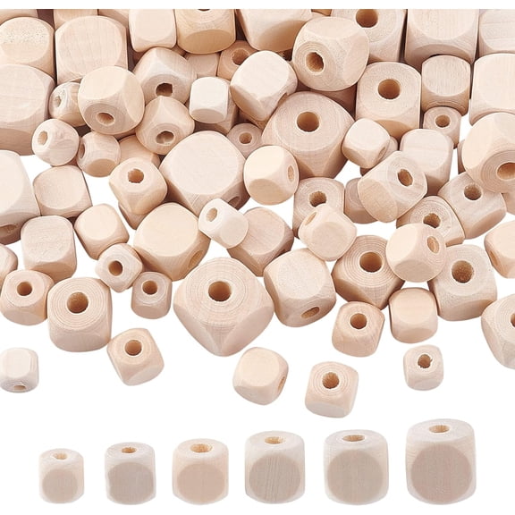 150 pcs Wooden Cubes 6 Sizes Unfinished Geometric Wood Beads Natural Cube Wooden Beads DIY Wooden Spacer Beads