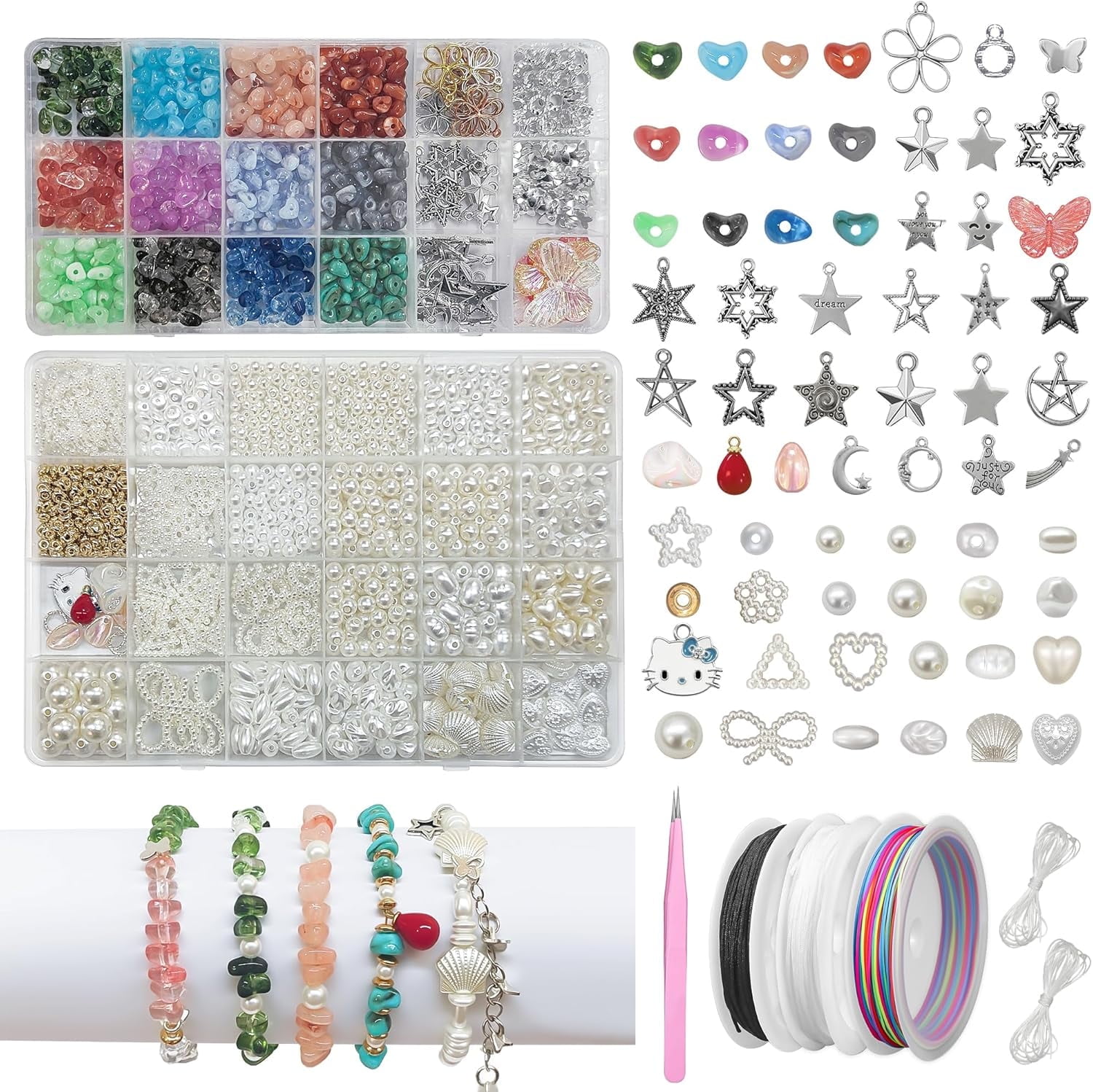 1500 Pcs Bracelet Making Kit with Pearl, Crystal, Shell & Gold Beads – DIY Jewelry Supplies for Teens and Adults
