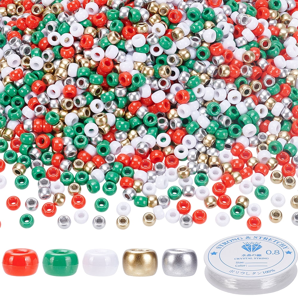 1500 Pcs Christmas Plastic Pony Beads Red Green White Silver Gold Tiny Pony Beads with 8.2 Yards/7.5m Elastic Thread