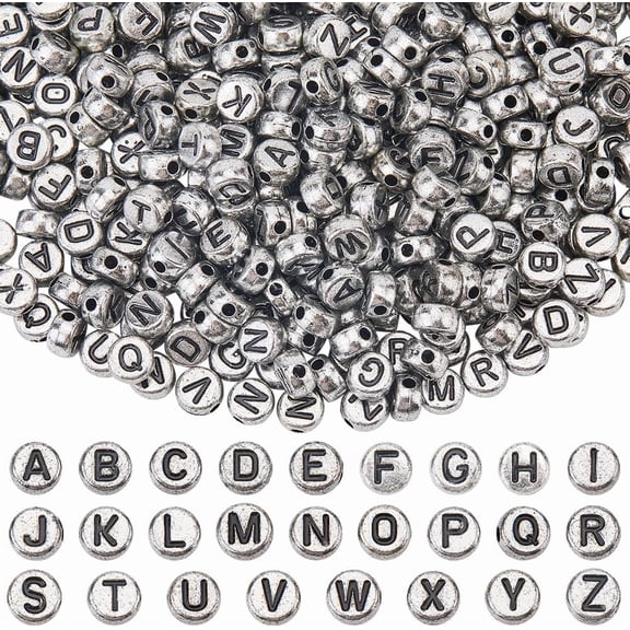 1500 Pcs Silver Letter Bead Bulk Flat Round Alphabet Beads 4x7mm Acrylic Small A-Z Black Letters Spacer Craft Beads for Jewelry Making Bracelets Beading Necklaces Hair Braids DIY Supplies DIY