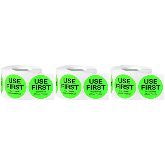 1500‑Pack Use First Stickers – 1.5" Fluorescent Green Food Rotation Labels, Trilingual FIFO Labels for Restaurant Inventory Management, Warehouse, Kitchen Containers & Food Service, 3 Rolls of 500
