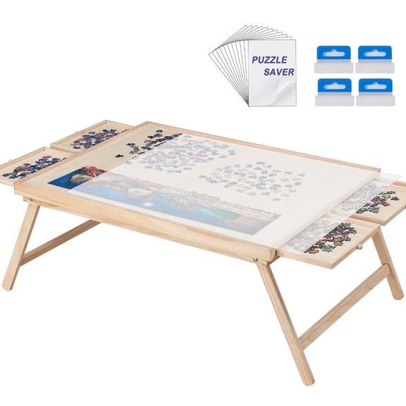 1500 Pcs Wooden Folding Puzzle Table , 34" x 26" Jigsaw Wooden Puzzle Board with 4 Sliding Drawers and Puzzle Cover Jigsaw Puzzle Table for Adults Birthday Gift for Family