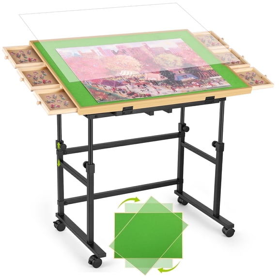 1500 Piece Jigsaw Puzzle Table with Metal Lazy Susan, Rotating Adjustable Height Puzzle Desk with Legs for Adults, 4-Tilting-Angle Rolling Wooden Board with 6 Drawers & Cover
