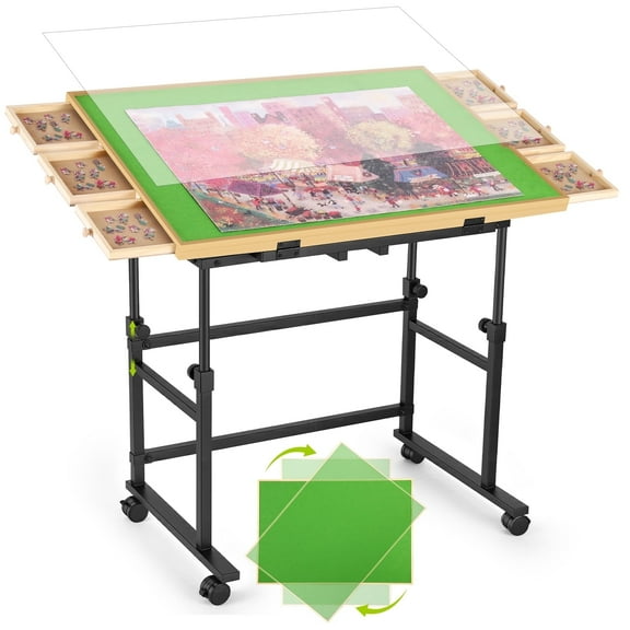 1500 Piece Jigsaw Puzzle Table with Metal Lazy Susan, Rotating Adjustable Height Puzzle Desk with Legs for Adults, 4-Tilting-Angle Rolling Wooden Board with 6 Drawers & Cover