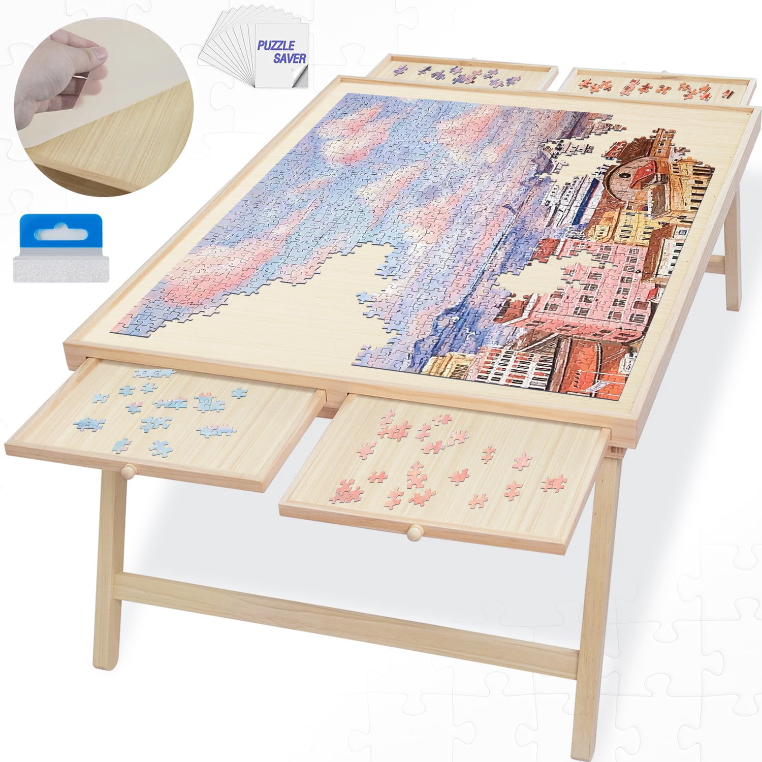 1500 Pcs Puzzle Board Wooden Jigsaw Puzzle Table with Folding Legs 4  Drawers, 1 Set of Accessories