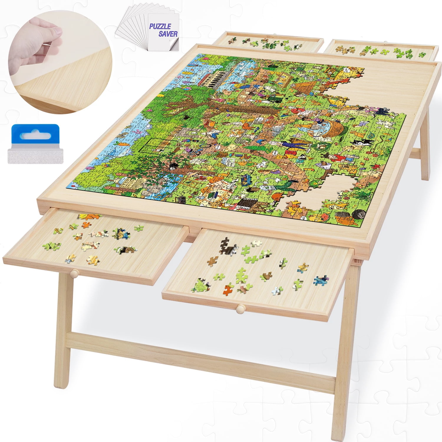 1500 Piece Puzzle Board 34 x 26 Wooden Jigsaw Puzzle Table with Folding  Legs and 4 Drawers,1 Protective Cover 10 Glue Sheet and 4 Hangers,Portable  Puzzle Tray for Adults and Kids 
