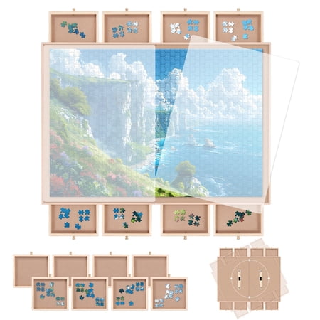 1500 Piece Puzzle Board With Cover And 8 Drawers , 34" X 26" Wooden Rotating Jigsaw Puzzle Table, Fold Spinning Puzzle Boards For Adults