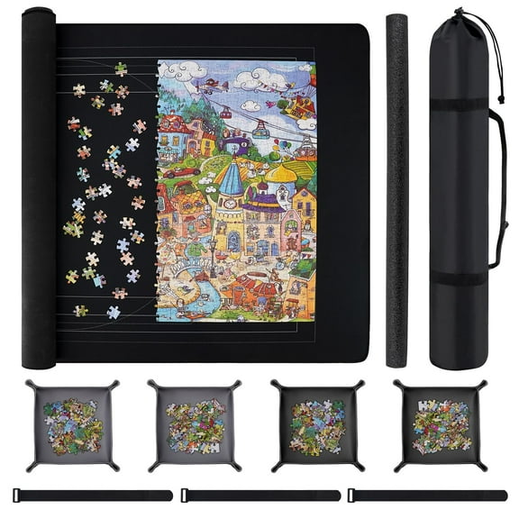 1500 Piece Puzzle Mat Set, 46x26" Roll-Up Saver with Non-Slip Backing, 4 Trays & Bag