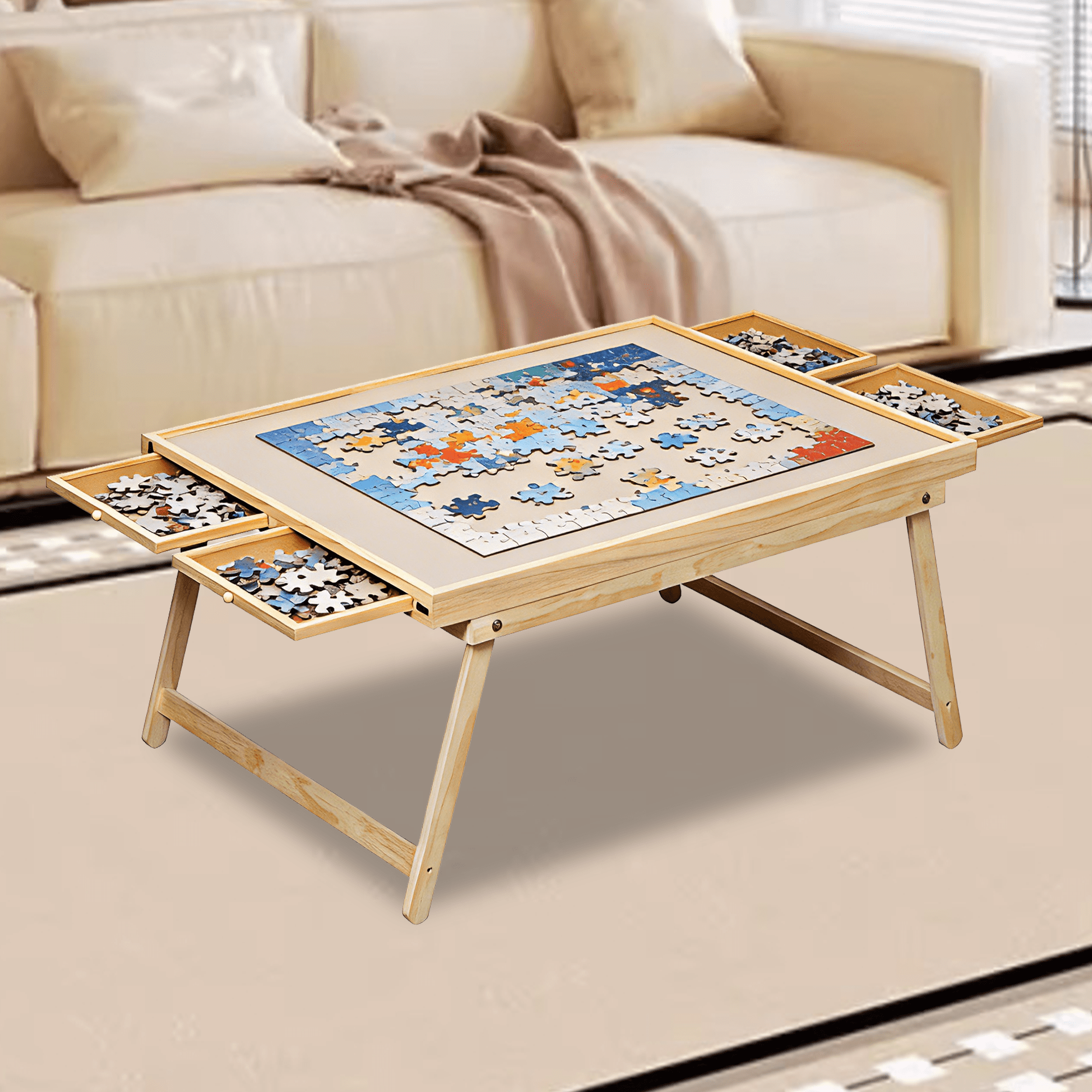 1500 Piece Puzzle Table with Folding Legs and 4 Sliding Drawers,34.3 "x 26.5" Wooden Jigsaw Puzzle Board with Protective Coverfor Adults