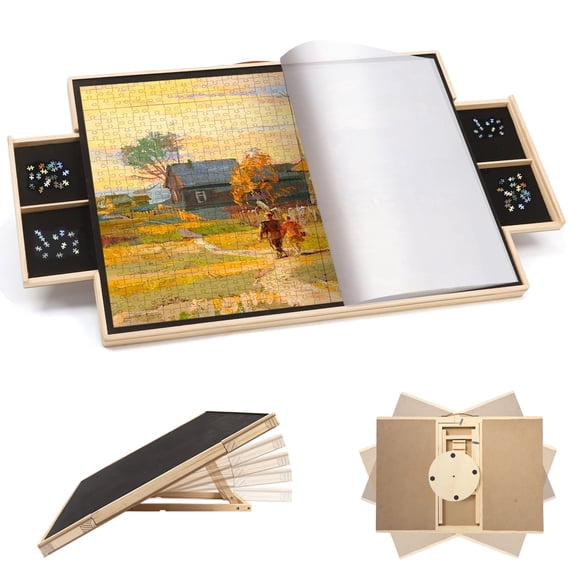 1500 Piece Rotating Puzzle Board with Drawers and Cover, Portable Wooden Puzzle Table for Adults Portable,Lazy Spinning Puzzle Boards Birthday Gift for mom