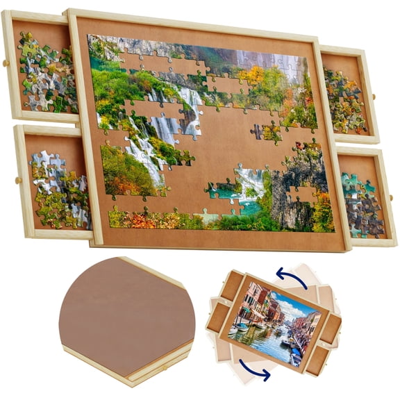 1500 Piece Wooden Jigsaw Puzzle Table with 4 Drawers Rotating 35 x 28 Board, Cover & Lazy Susan Portable Puzzle Station