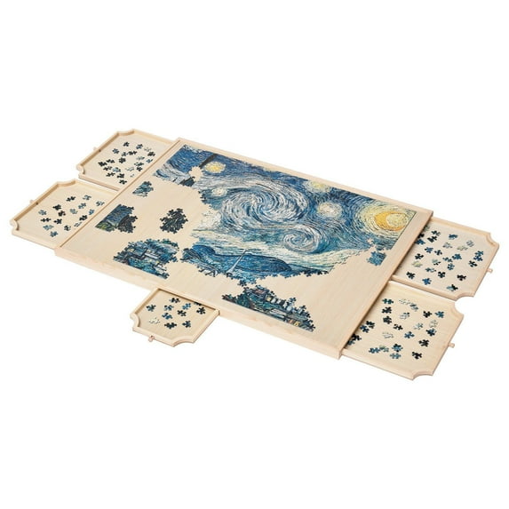1500-Piece Wooden Puzzle Board with Drawer - 34"x25" Portable Jigsaw Mat with Cover, Sorting Trays & Non-Slip Surface - Foldable Storage Case for Adults & Family Game Night