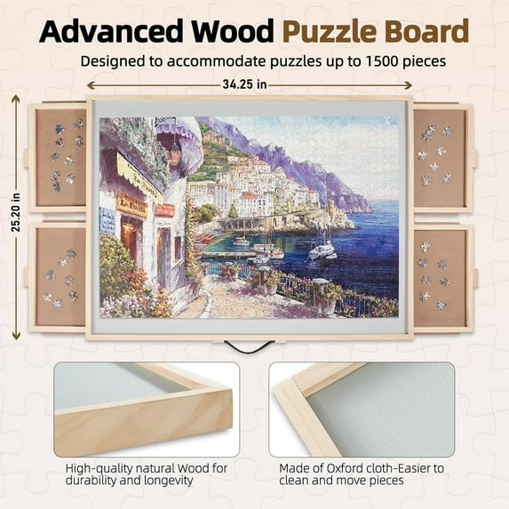 1500 Pieces 2-in-1 Tilting & Rotating Puzzle Board for Adults Gifts, Wooden Jigsaw Puzzle Table with 4 Drawers, Portable Board with Lazy Susan and Cover, 25.2" x 34.2"