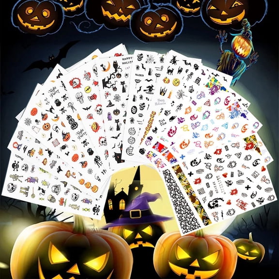 1500+ Pieces Halloween Nail Stickers - 3D Self-Adhesive Nail Decals Skull Pumpkin Bat Ghost Witch Spider Nail Art Stickers for Women Girls Halloween Party Holiday Manicure Tips Decorations