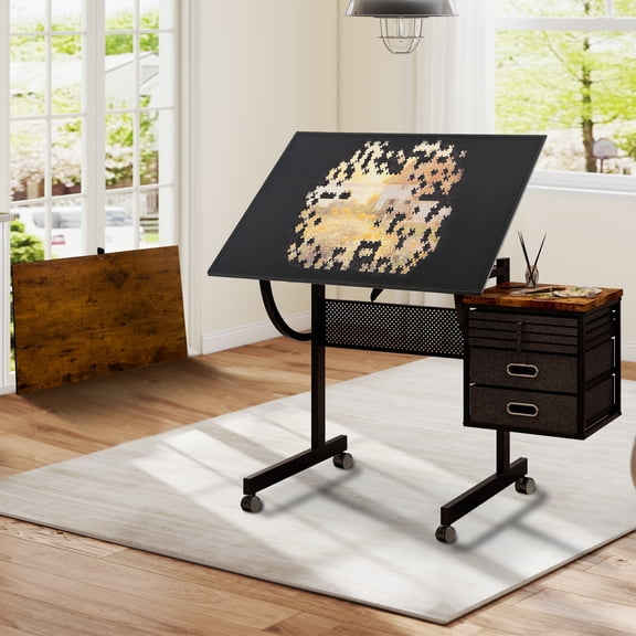 1500 Pieces Jigsaw Puzzle Metal Table Board for Adults Gift With 4 Trays, 2 Storage Drawers And 4 Wheels (Black)