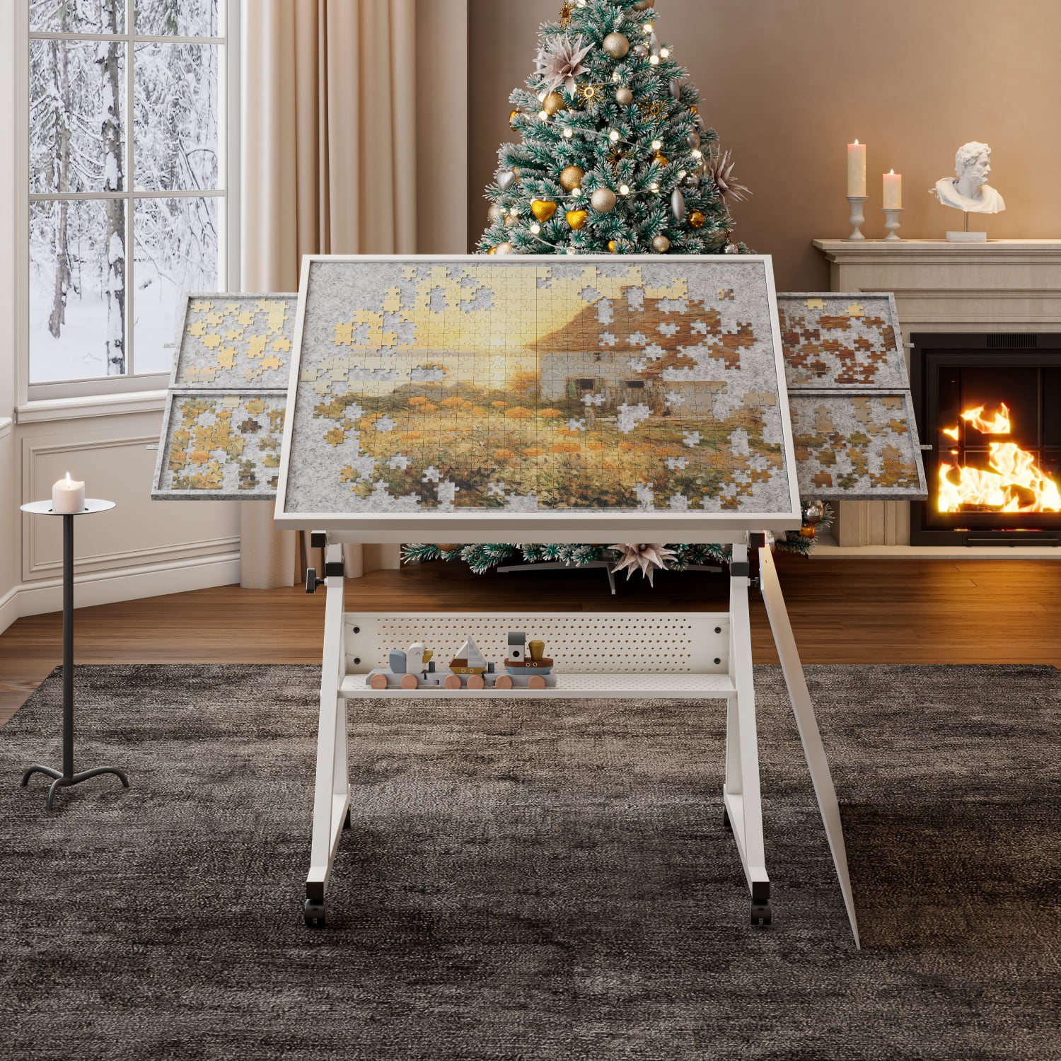 1500 Pieces Jigsaw Puzzle Metal Table Board for Adults Gift With 4 Trays (White)