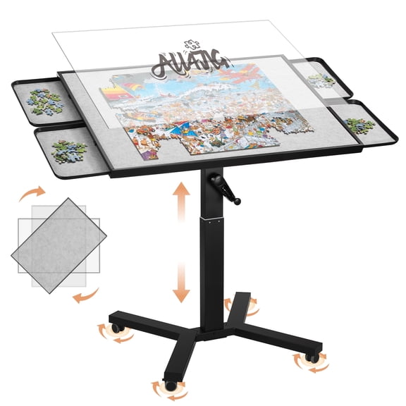1500 Pieces Metal Jigsaw Puzzle Table, 24.92"x33.43", Tilting&Rotating Jigsaw Puzzle Board with 4 Drawers&Cover, Adjustable Height Puzzle Table with Hand Crank, for Lego Building, Gift for Mom
