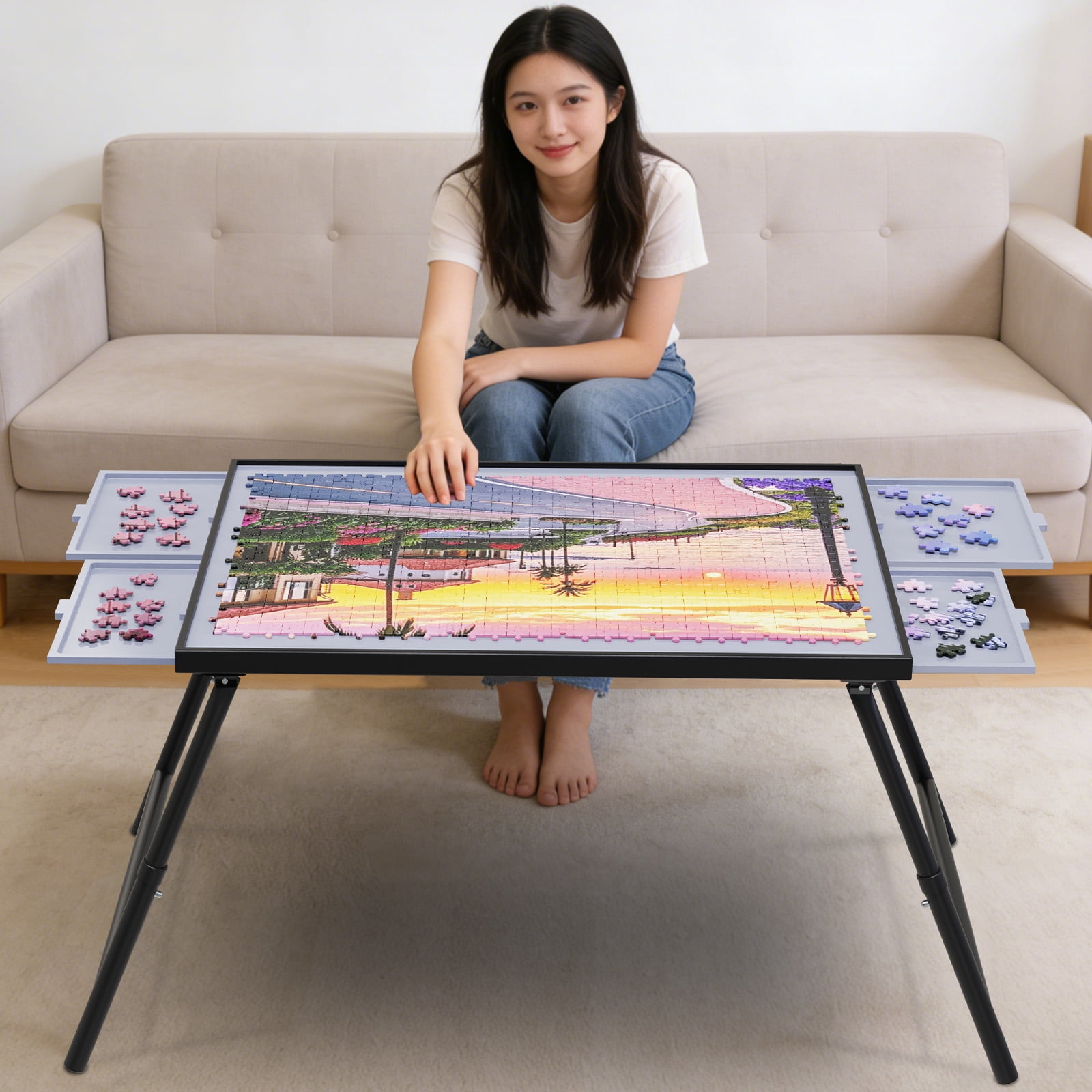 1500 Pieces Puzzle Table with Drawers, Adjustable Height Jigsaw Puzzle Board for Adults, U-Shaped Legs
