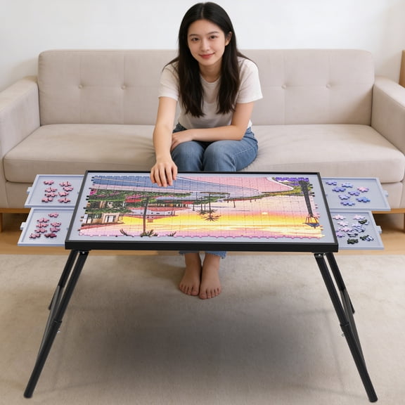 1500 Pieces Puzzle Table with Drawers, Adjustable Height Jigsaw Puzzle Board for Adults, U-Shaped Legs