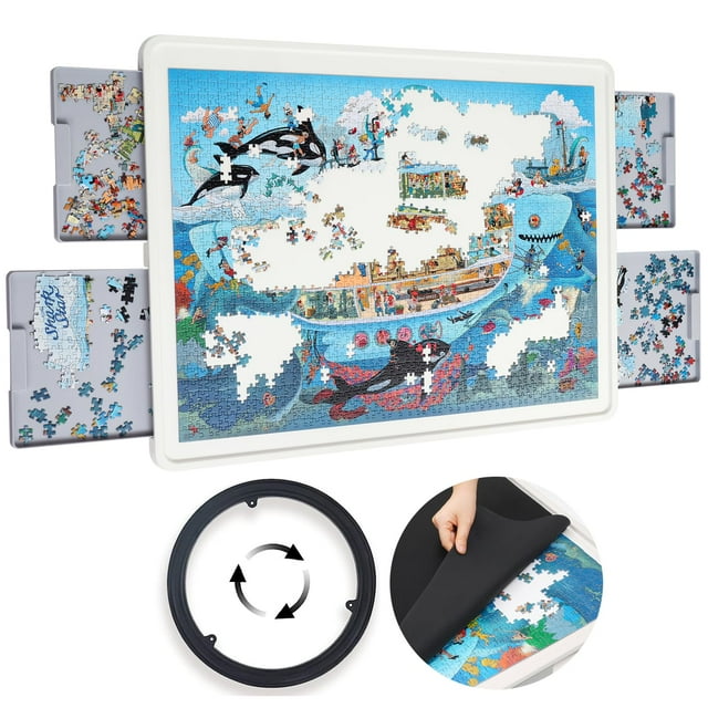 1500 Pieces Rotating Plastic Puzzle Board with Drawers and Cover, 35"x27" Portable Jigsaw Puzzle