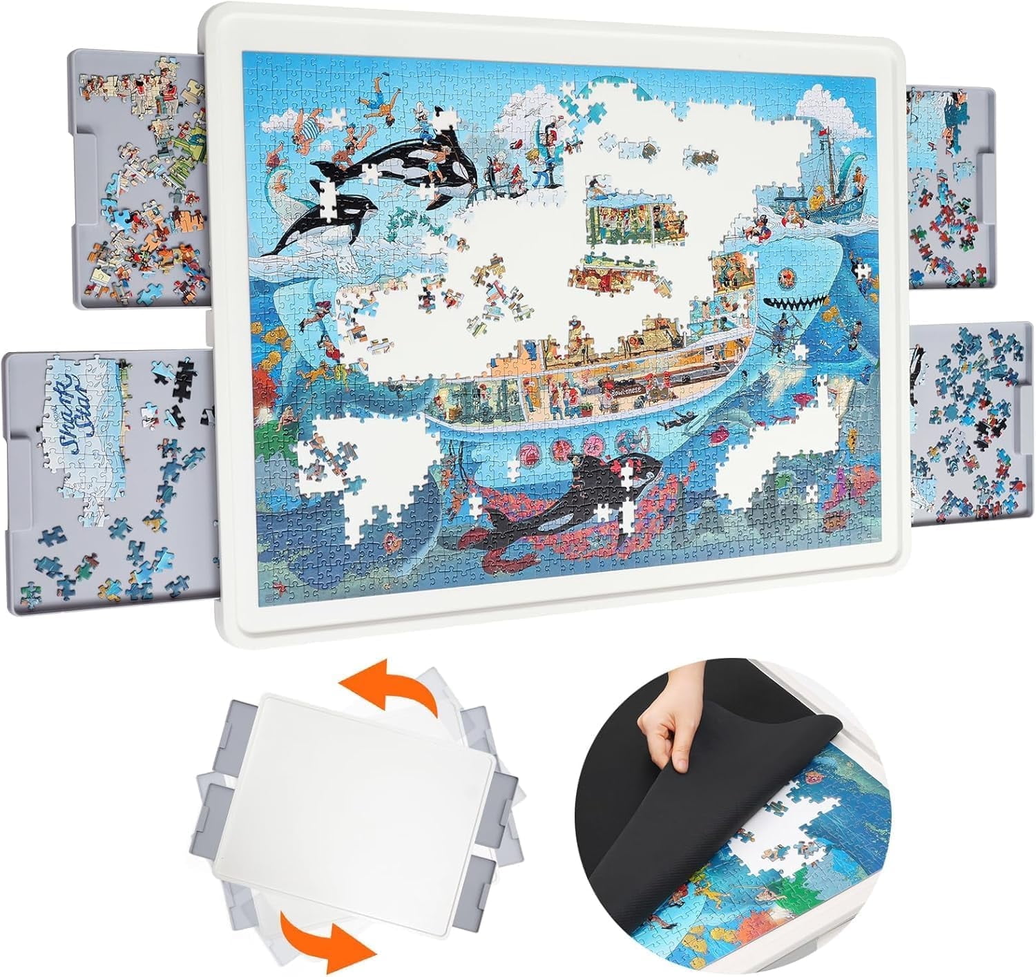 1500 Pieces Rotating Plastic Puzzle Board with Gray Drawers and Cover, 35"x27" Portable Spinning Jigsaw Puzzle Table for Adults, Upgraded Lazy Susan, Ideal Gift for Mum