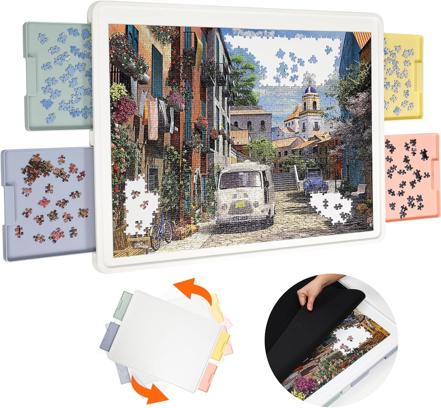 1500 Pieces Rotating Plastic Puzzle Board with Multicolor Drawers and Cover, 35"x27" Portable Spinning Jigsaw Puzzle Table for Adults, Upgraded Lazy Susan, Ideal Gift for Mum