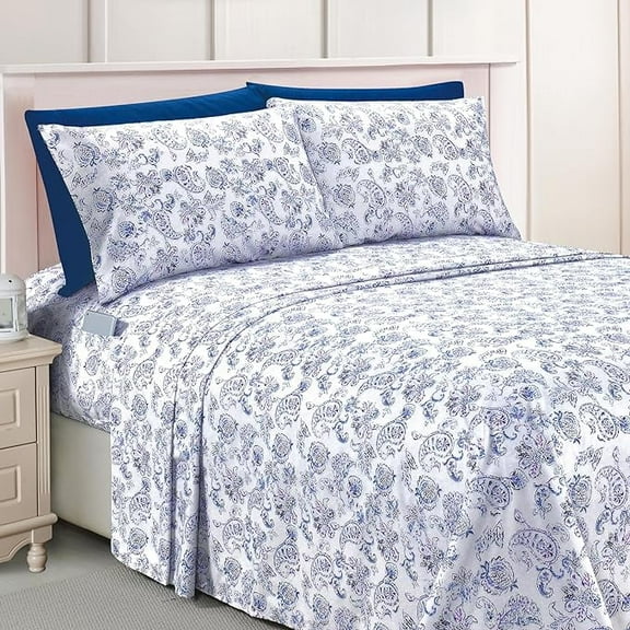 Elegant Comfort Luxury Soft Bed Sheets Paisley Pattern - 1500 Series Microfiber Softness Wrinkle and Fade Resistant (6-Piece) Bedding Set, King, Paisley Indigo