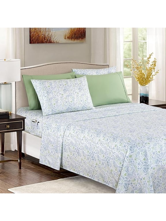 1500 Premium Resort Quality Microfiber, Softest and Coziest - 6-Piece Sheet Set - Deep Pocket, Wrinkle Resistant. Floral Bed Sheet Set, Queen, Laurel Blue