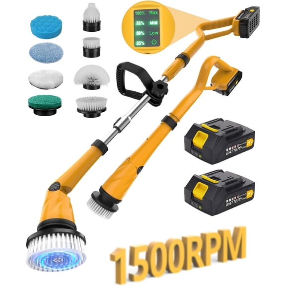 1500 RPM Electric Spin Scrubber with Two Batteries Q2 Pro, Cordless Battery Powered Shower Scrubber,Electric Tile Floor Scrubber with Display for Grout/Tile/Tub (Effortless Handle/8 Brushes)
