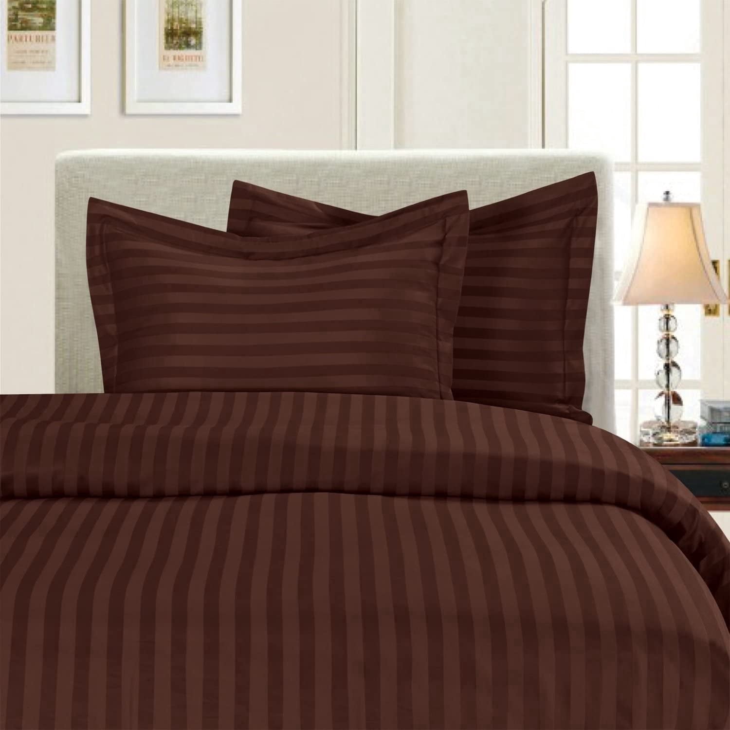 1500 Series 3-Piece Damask Stripe Duvet Cover Set, King/Cal-King, Chocolate Brown