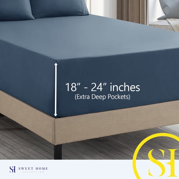 Sweet Home Collection Extra Deep Pocket, Fits 18"-24", Deluxe Microfiber 4 Piece Sheet Set, King, Denim